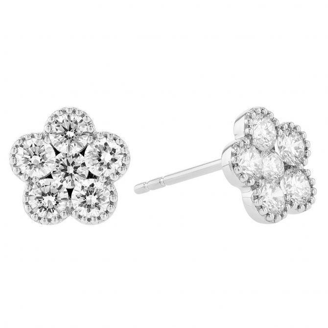 Diamond Petite Flower Stud Earrings with Milgrain in White Gold