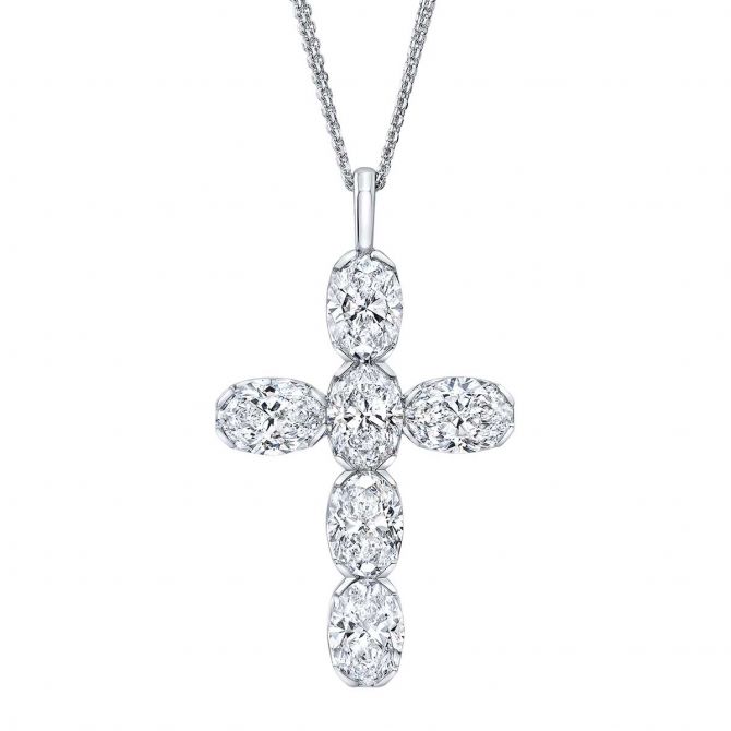 Rahaminov Oval Diamond 6 Stone Cross Pendant in White Gold, 18"