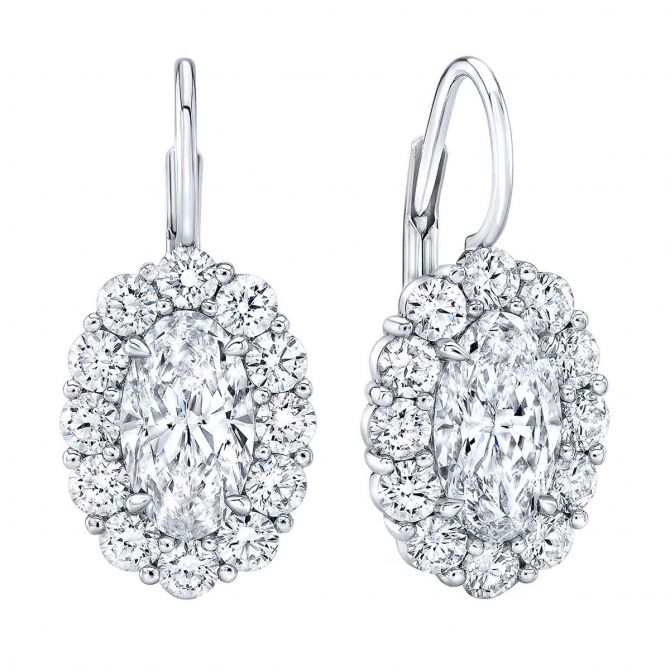 Rahaminov Oval Diamond Halo Large Leverback Dangle Earrings in White Gold