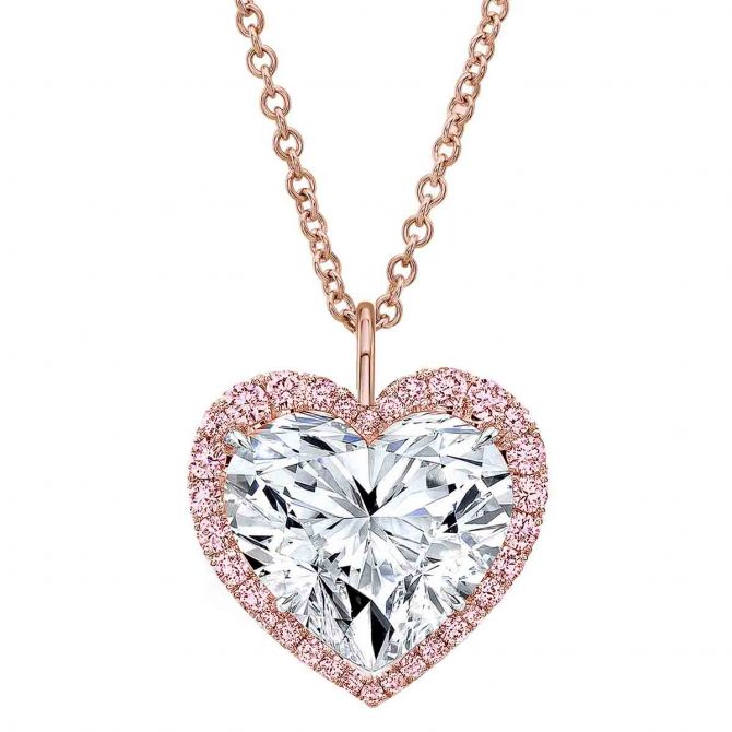 Rahaminov Heart Shaped Diamond & Fancy Pink Diamond Halo Pendant in Rose  Gold, 18