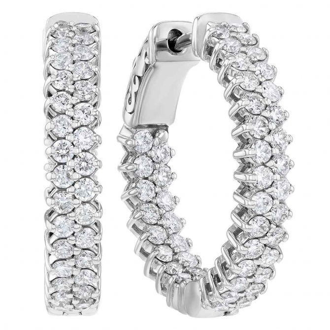 Diamond Two Row In & Out Hoop Earrings in White Gold, 1.80 cttw