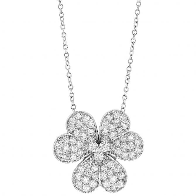 Diamond Pave 3-Leaf Clover Pendant in White Gold, 18"