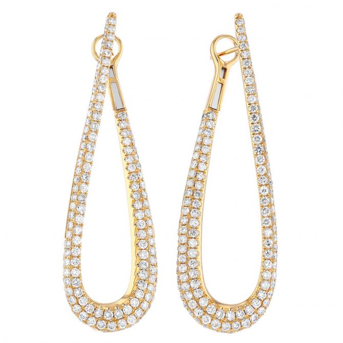 Diamond Pavé Long Teardrop Shaped Front-to-Back Earrings in Yellow Gold