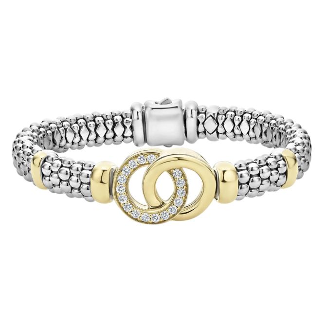 Lagos Signature Caviar Two-Tone Interlocking Diamond 9mm Caviar Bracelet, Medium