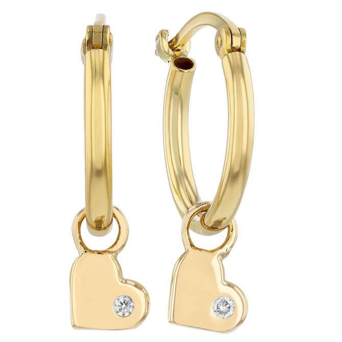 Diamond Heart Drop Hoop Earrings in Yellow Gold