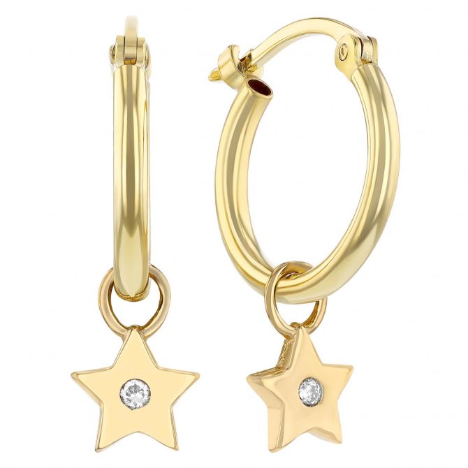 Diamond Star Drop Hoop Earrings in Yellow Gold