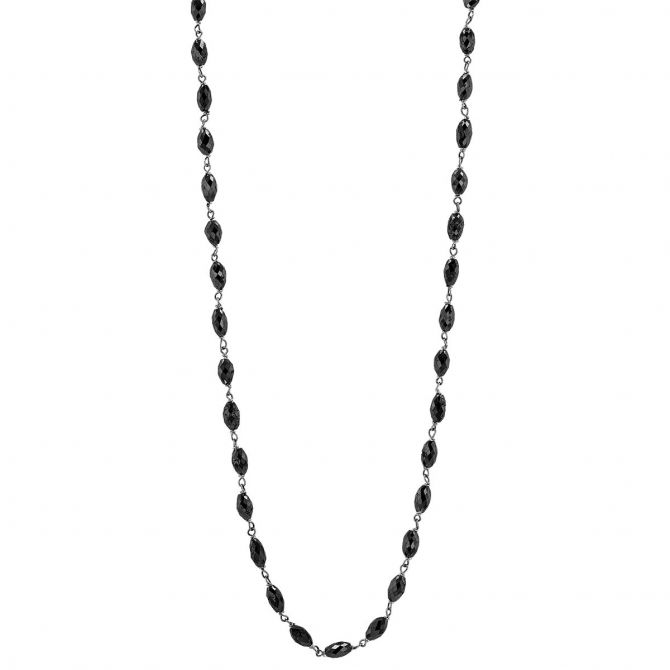 Black Diamond Oval Bead Station Necklace in White Gold, 17"