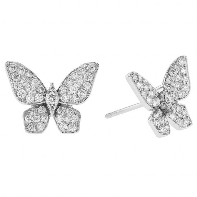 Diamond Pave Butterfly Dainty Stud Earrings in White Gold