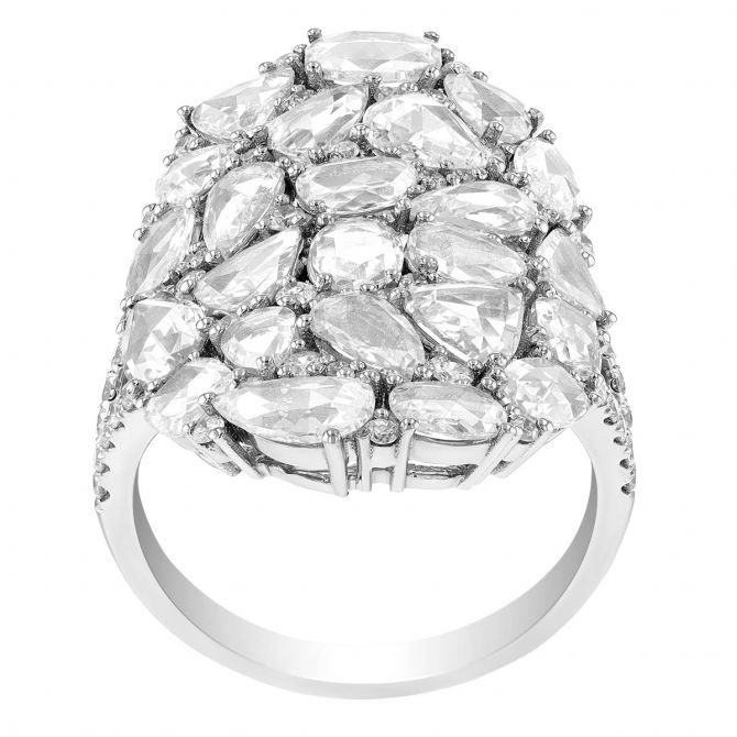 Rose Cut Diamond Oval Mosaic Ring in White Gold