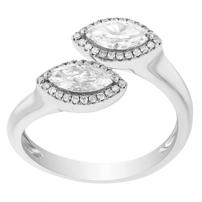 Marquise Diamond & Halo Bypass Ring in White Gold