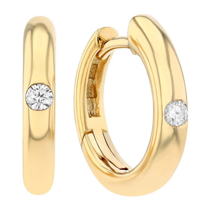 Flush Set Diamond Huggie Hoop Earrings in Yellow Gold