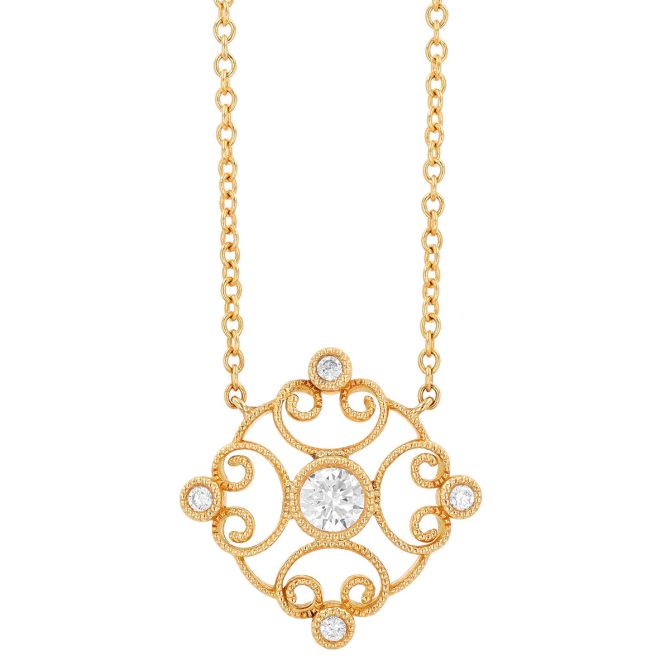 Doves Diamond Swirl Milgrain Circle Pendant in Yellow Gold, 18"