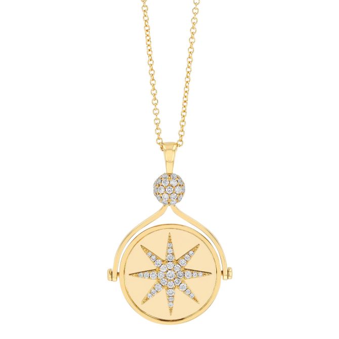 Doves Diamond Starburst Flip Medallion Pendant in Yellow Gold, 18"