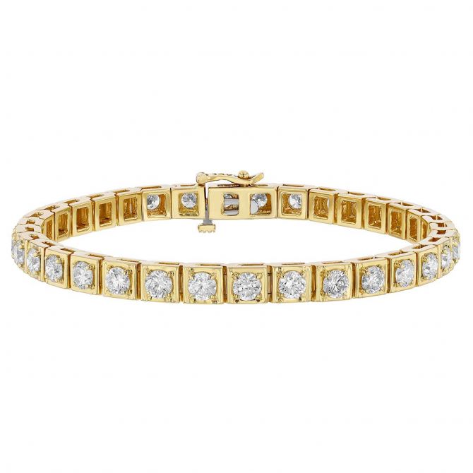 Round Diamond Square Edge Tennis Bracelet in Yellow Gold, 7", 5.32 cttw