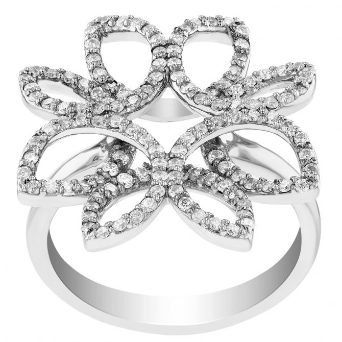 Diamond Open Flower Swirl Ring in White Gold