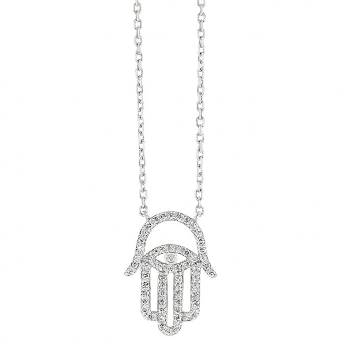 Diamond Pave Open Hamsa Pendant in White Gold, 17"