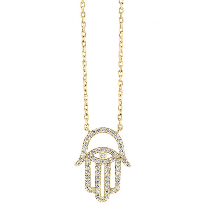 Diamond Pave Open Hamsa Pendant in Yellow Gold, 17"