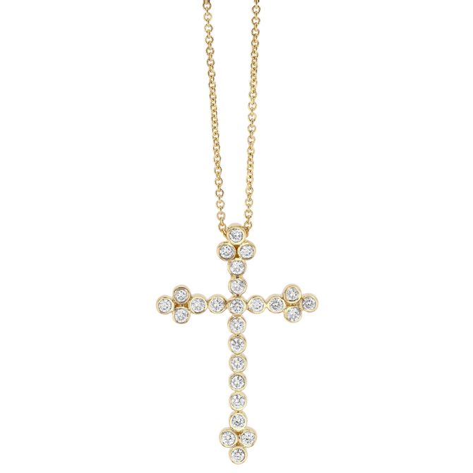 Bezel Set Diamond Cross Pendant in Yellow Gold, 18", 0.29 cttw