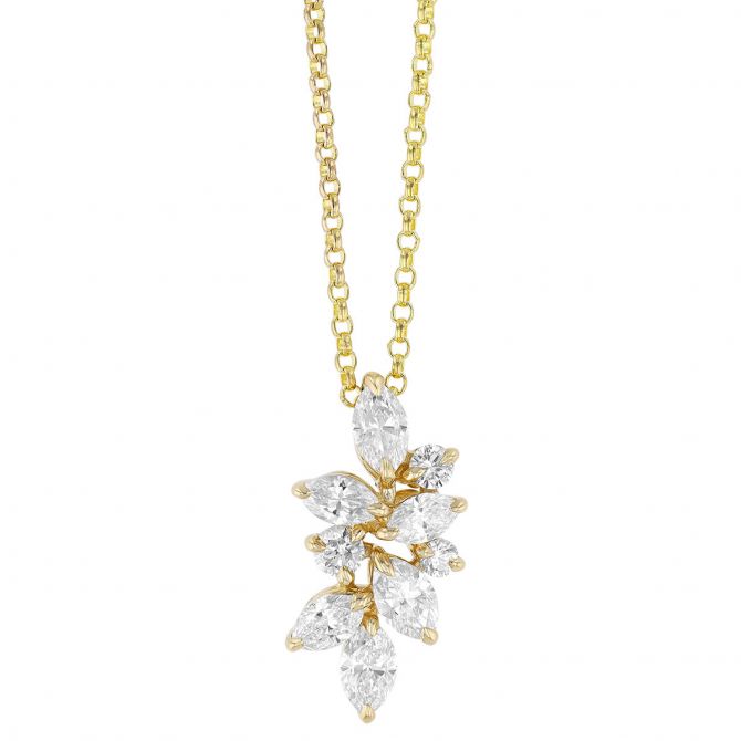 Marquise & Round Diamond Cascading Cluster Pendant in Yellow Gold, 18"