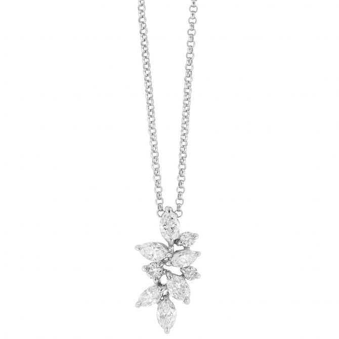 Marquise & Round Diamond Cascading Cluster Pendant in White Gold, 18"