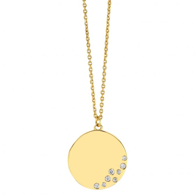 Flush Set Diamond Disc Pendant in Yellow Gold, 18"