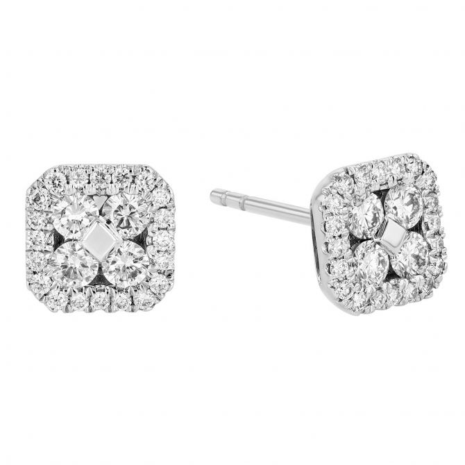 Diamond Cluster Square Stud Earrings in White Gold