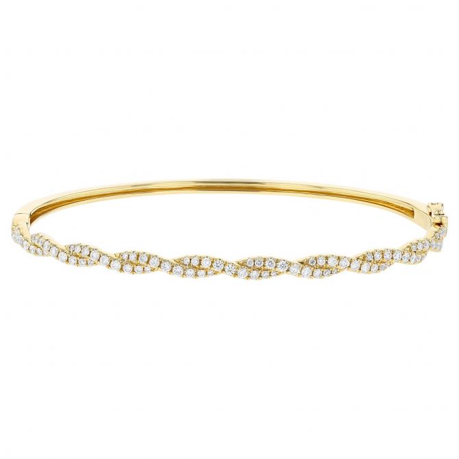 Diamond Twisted Two Row Bangle Bracelet in Yellow Gold