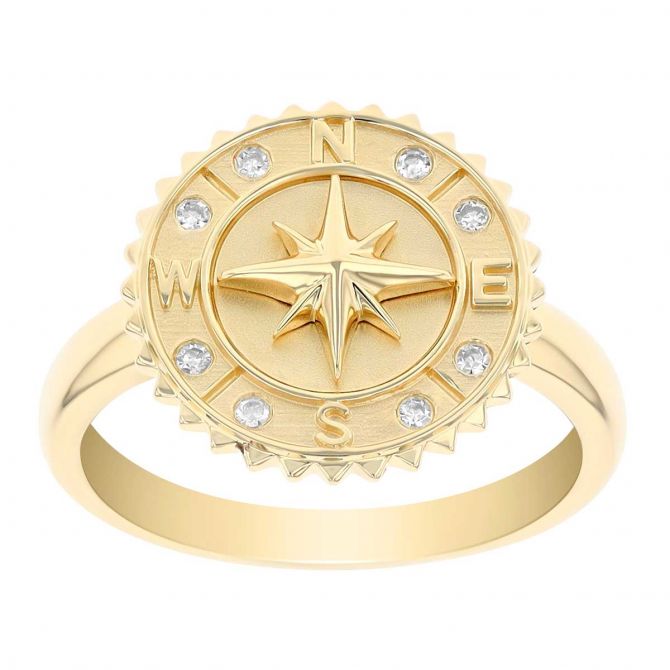 Yellow Gold Compass Ring with Diamond Accents