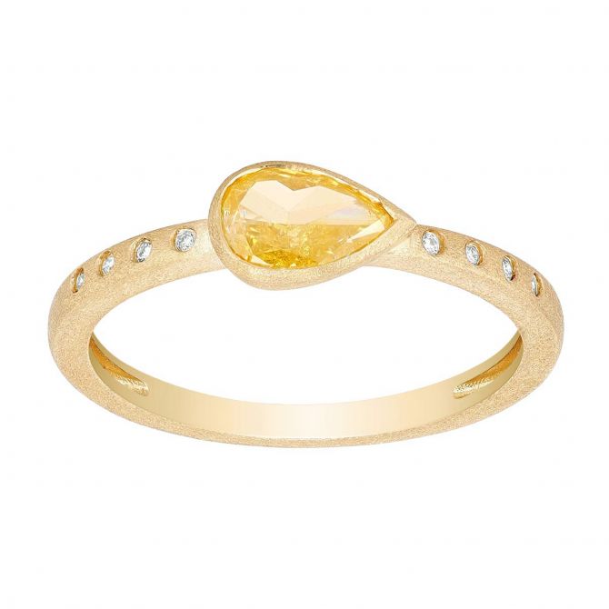 Pear Shaped Fancy Yellow Diamond Bezel & White Diamond Ring in Yellow Gold