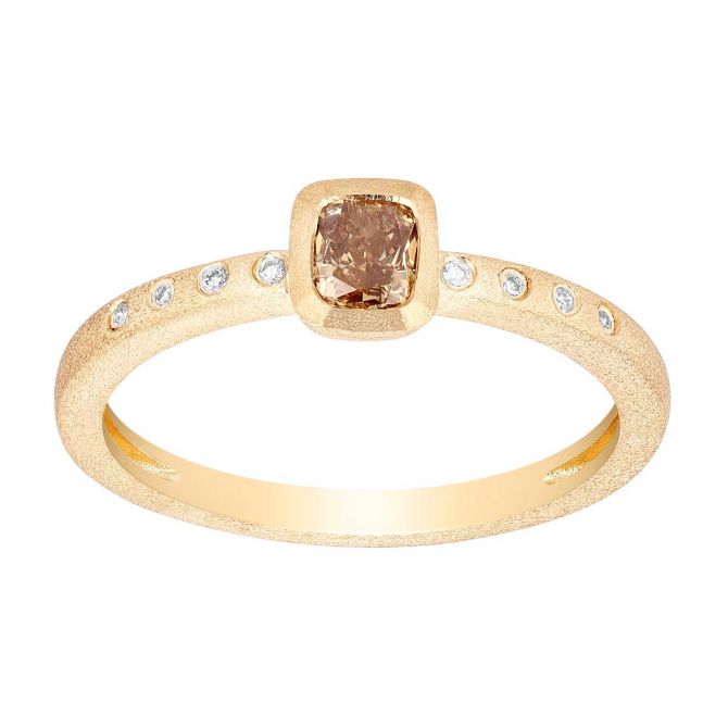 Cushion Fancy Yellow Diamond Bezel & White Diamond Ring in Yellow Gold