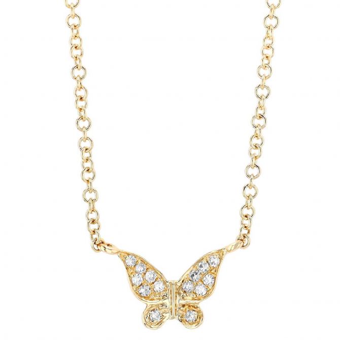 Diamond Pavé Butterfly Pendant in Yellow Gold, 18"