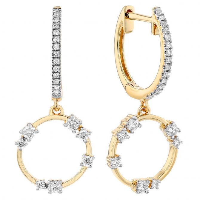 Diamond Scatter Open Circle Dangle Hoop Earrings in Yellow Gold