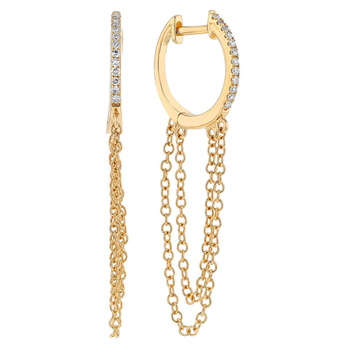 Yellow Gold and Diamond Stick Earrings with Hanging Chain