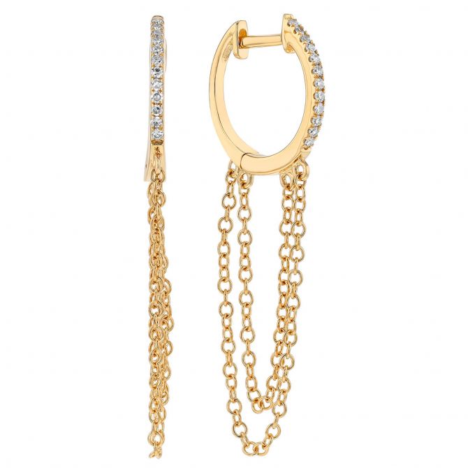 Diamond & Cable Chain Dangle Hoop Earrings in Yellow Gold