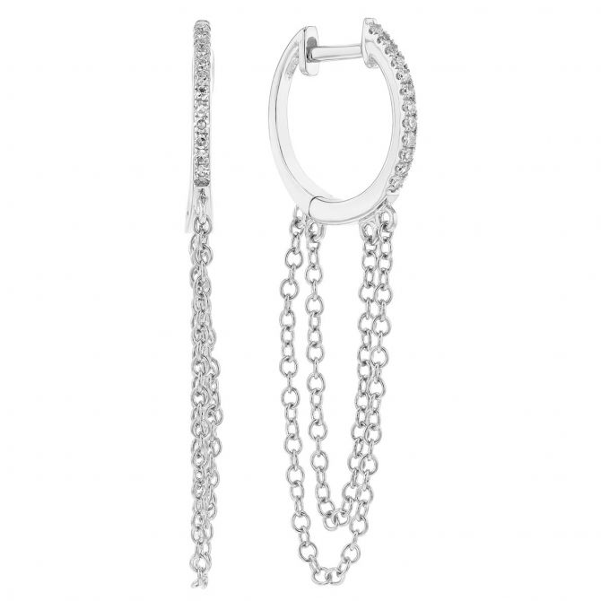 Diamond & Cable Chain Dangle Hoop Earrings in White Gold