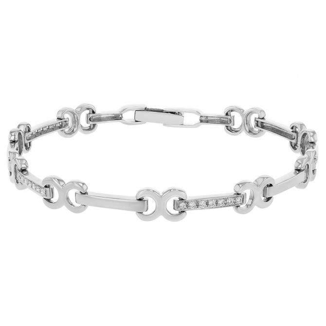 White Gold Rectangle & Circle Link Bracelet with Diamonds, 6.25"