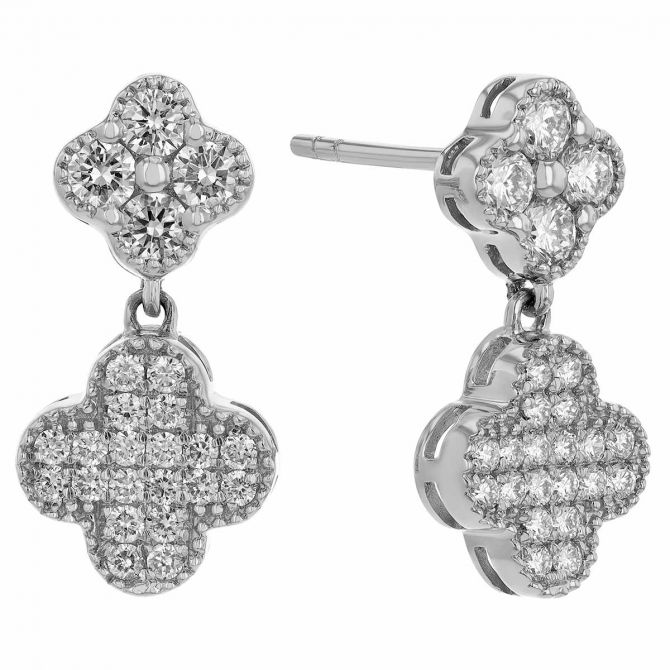 Diamond Pave Double Floral Dangle Earrings in White Gold