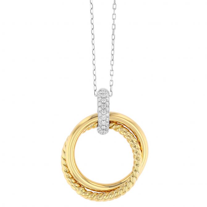 Interlocking Circle Pendant with Diamond Pave Bail in Two Tone, 18"