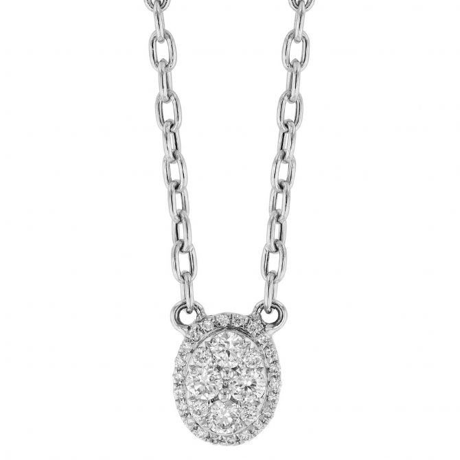 Diamond Oval Cluster & Halo Pendant in White Gold, 17"