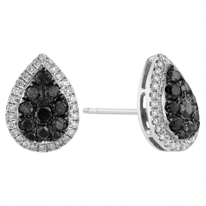 Black Diamond Pear Shaped Pave & White Diamond Halo Stud Earrings in White Gold