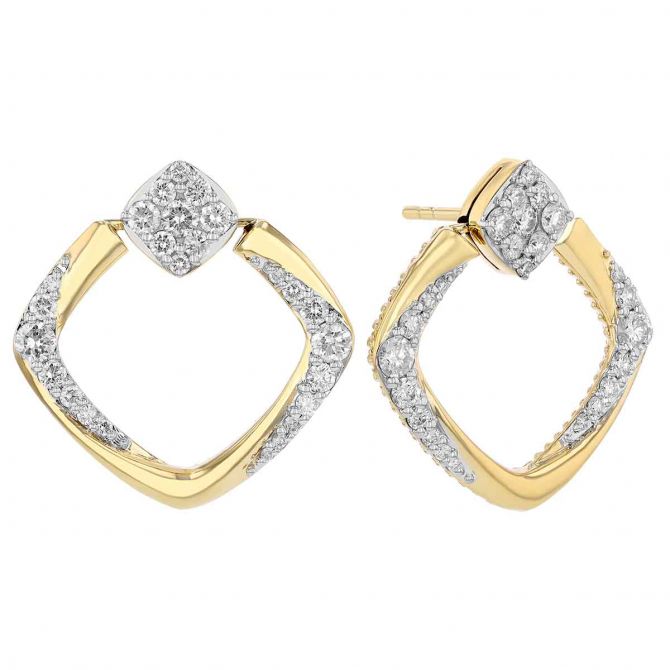 Diamond Pavé Swirl Square Drop Earrings in Yellow Gold