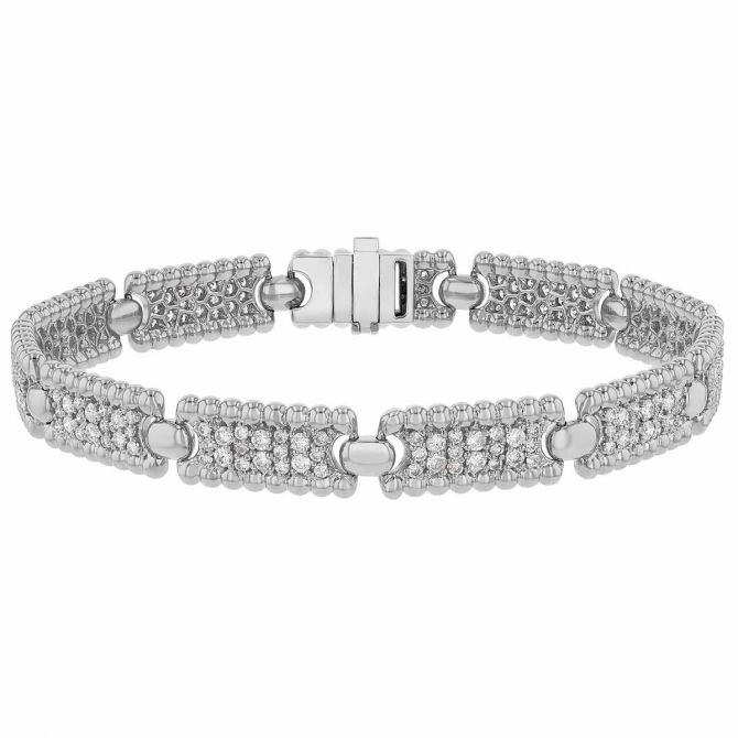 Diamond Pavé & Beaded Edge Rectangle Pattern Bracelet in White Gold