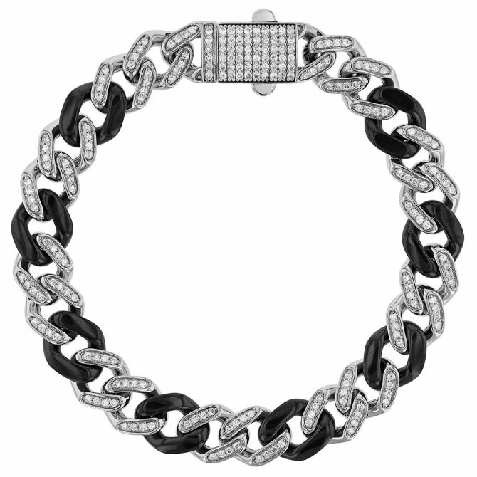 Diamond Pavé Curb Link Chain Bracelet in White Gold & Black Ceramic