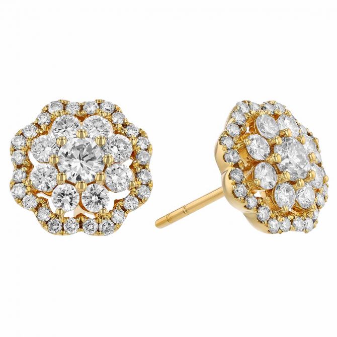 Diamond Floral Cluster Stud Earrings in Yellow Gold