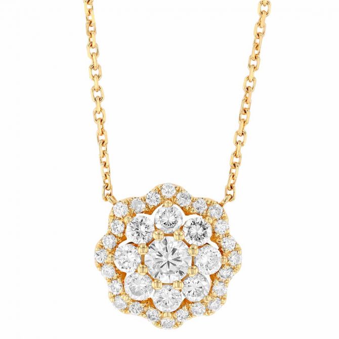 Diamond Floral Cluster Pendant in Yellow Gold, 18"