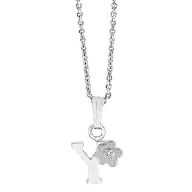 Children's Sterling Silver Diamond Flower Initial Y Pendant, 15"