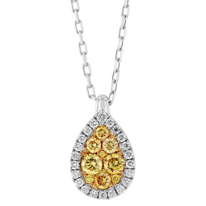 Frederic Sage Firenze Fancy Yellow & White Diamond Pear Shaped Pendant in Two Tone Gold, 18"