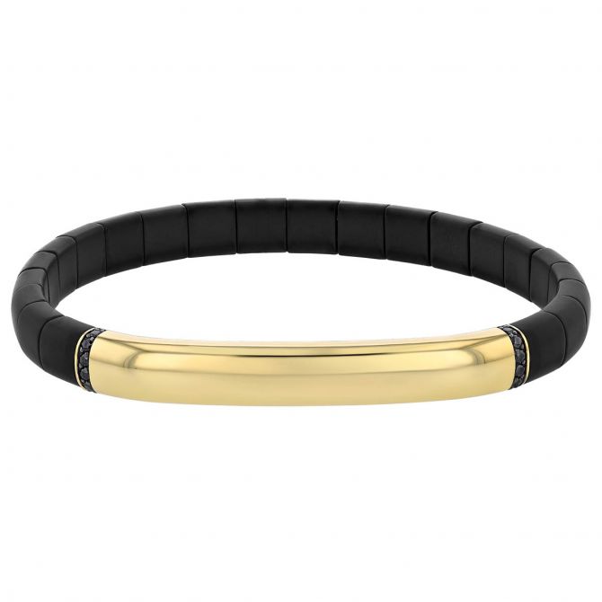 Demeglio Black Diamond & Yellow Gold Bar Stretch Bracelet with Black Ceramic