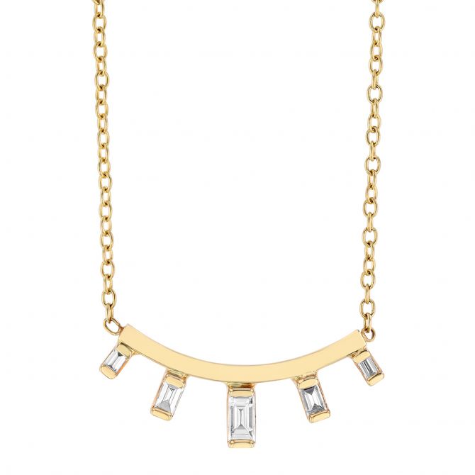 Zoe Chicco Baguette 5 Stone Curved Bar Necklace in Yellow Gold, 16"