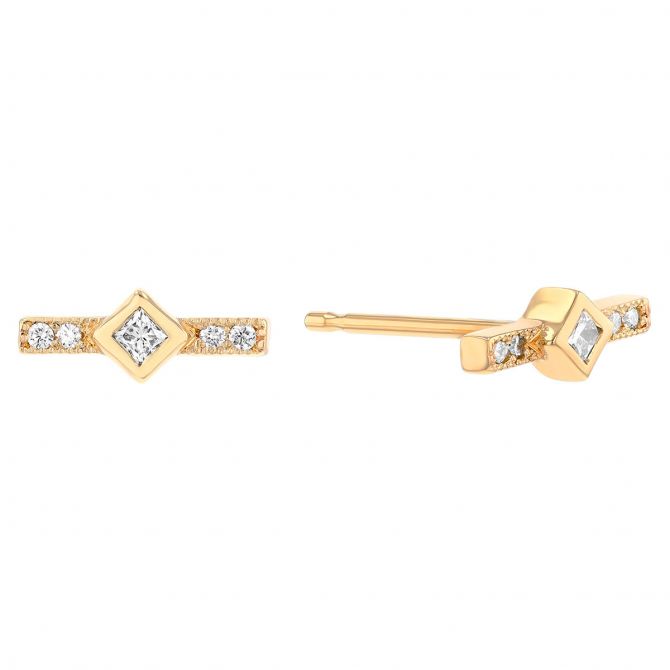 Zoe Chicco Princess Cut Diamond Bezel & Diamond Bar Stud Earrings in Yellow Gold